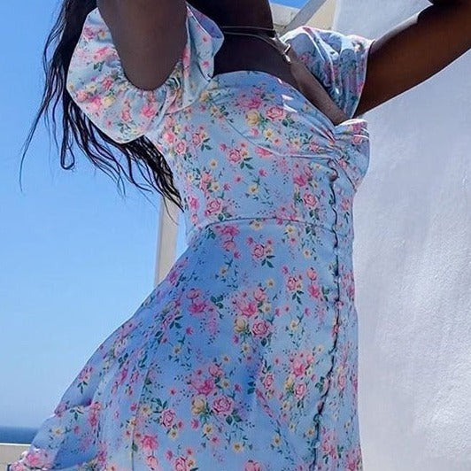 Floral Pattern Light Blue Dress