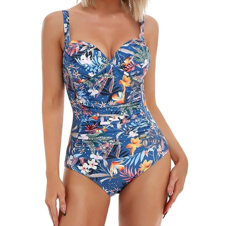 Blue Flower Patterned Curvy Swimsuit